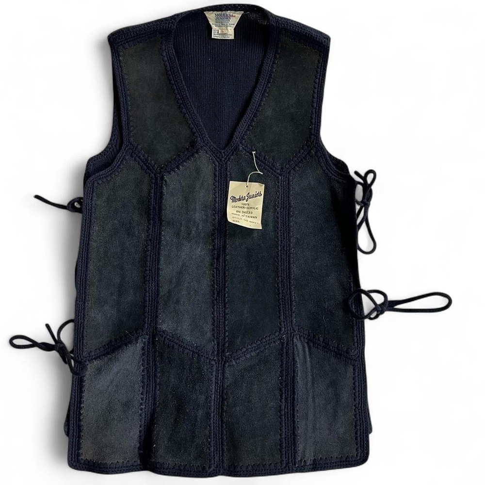 Modern Juniors Vintage Leather Panel Knit Side Tie Vest Navy Blue NWT L 6037